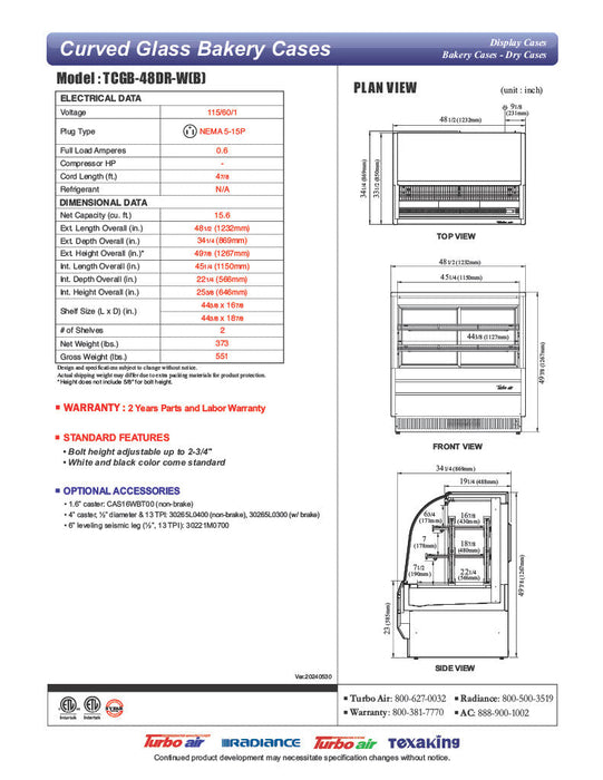 Turbo Air TCGB-48DR-B 48-1/2" Curved Glass Full-Service Dry Bakery Display Case, 3 Levels, Black Exterior, 115v - Bakery Wholesalers