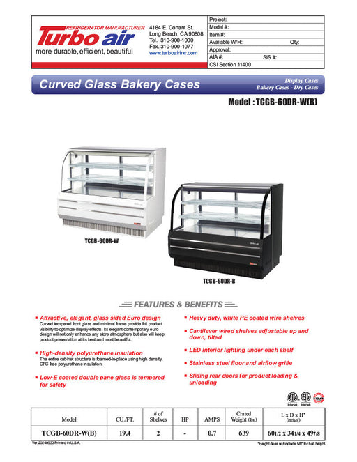 Turbo Air TCGB-60DR-W 60-1/2" Curved Glass Full-Service Dry Bakery Display Case, 3 Levels, White Exterior, 115v - Bakery Wholesalers