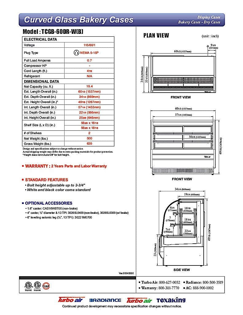 Turbo Air TCGB-60DR-B 60-1/2" Curved Glass Full-Service Dry Bakery Display Case, 3 Levels, Black Exterior, 115v - Donut-Equipment.com