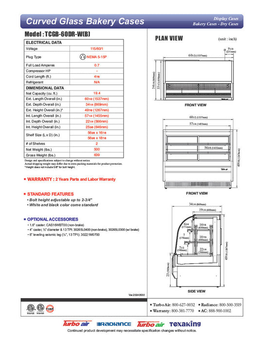 Turbo Air TCGB-60DR-B 60-1/2" Curved Glass Full-Service Dry Bakery Display Case, 3 Levels, Black Exterior, 115v - Bakery Wholesalers