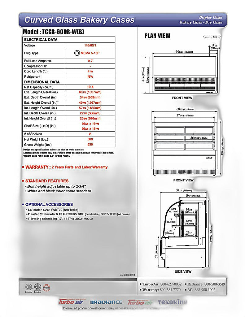 Turbo Air TCGB-60DR-B 60-1/2" Curved Glass Full-Service Dry Bakery Display Case, 3 Levels, Black Exterior, 115v - Donut-Equipment.com