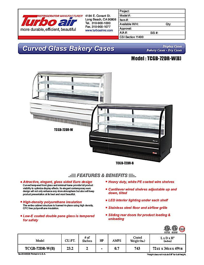 Turbo Air TCGB-72DR-B 72" Curved Glass Full-Service Dry Bakery Display Case, 3 Levels, Black Exterior, 115v - Donut-Equipment.com