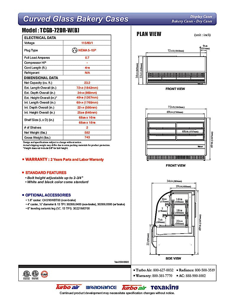 Turbo Air TCGB-72DR-B 72" Curved Glass Full-Service Dry Bakery Display Case, 3 Levels, Black Exterior, 115v - Donut-Equipment.com