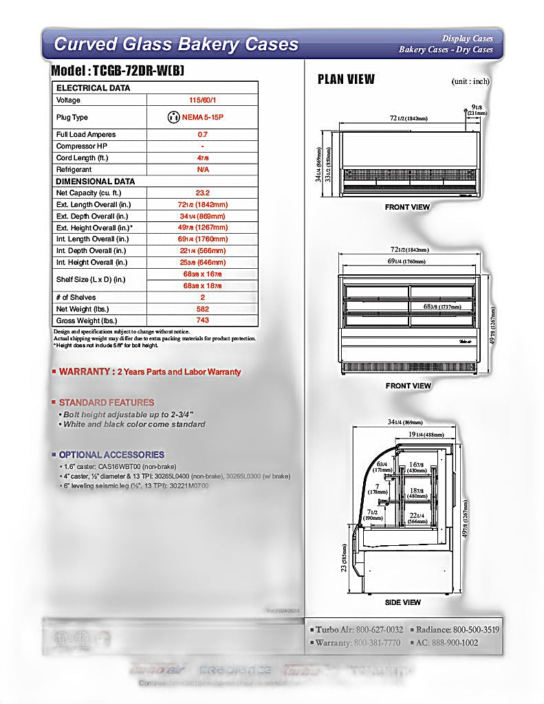 Turbo Air TCGB-72DR-B 72" Curved Glass Full-Service Dry Bakery Display Case, 3 Levels, Black Exterior, 115v - Donut-Equipment.com