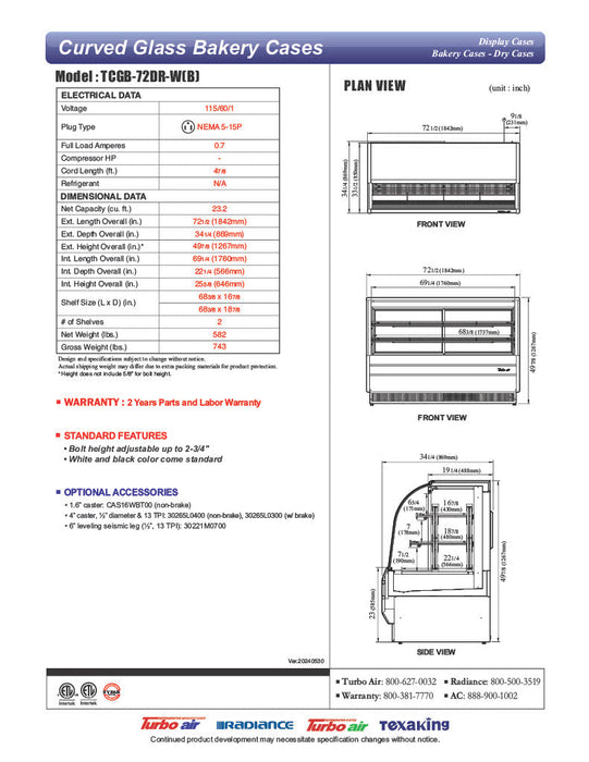 Turbo Air TCGB-72DR-W 72" Curved Glass Full-Service Dry Bakery Display Case, 3 Levels, White Exterior, 115v - Bakery Wholesalers
