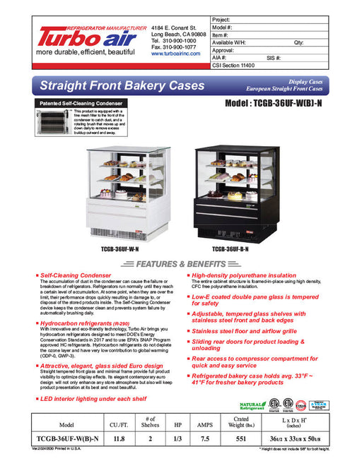 Turbo Air TCGB-36UF-B-N 36-1/2" Straight Glass Full-Service Bakery Display Case, 3 Levels, Black Exterior, 115v - Bakery Wholesalers