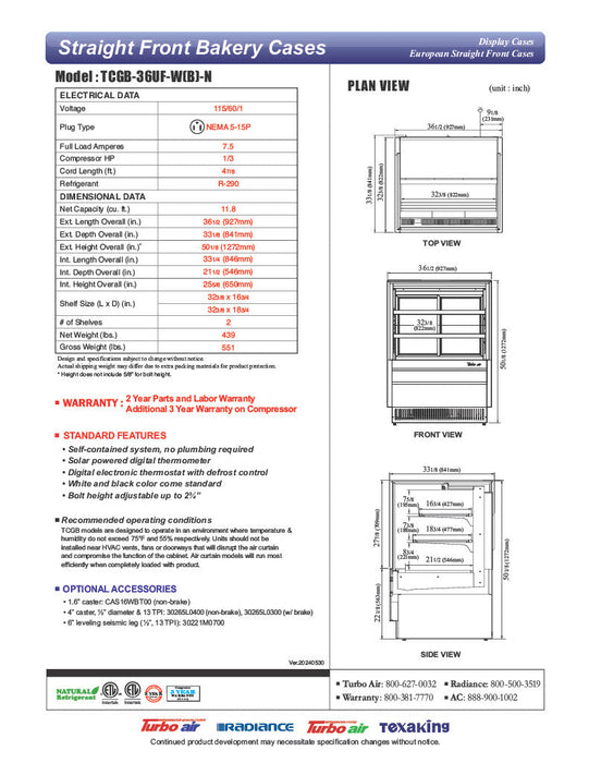 Turbo Air TCGB-36UF-W-N 36-1/2" Straight Glass Full-Service Bakery Display Case, 3 Levels, White Exterior, 115v - Bakery Wholesalers