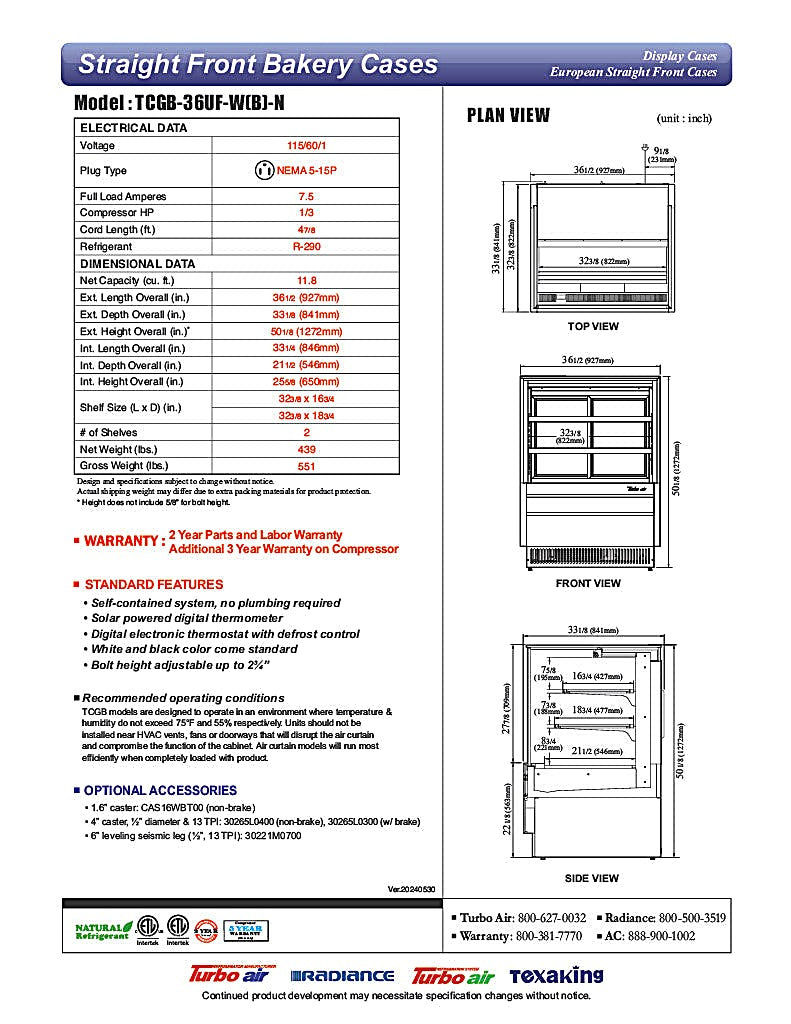 Turbo Air TCGB-36UF-B-N 36-1/2" Straight Glass Full-Service Bakery Display Case, 3 Levels, Black Exterior, 115v - Donut-Equipment.com