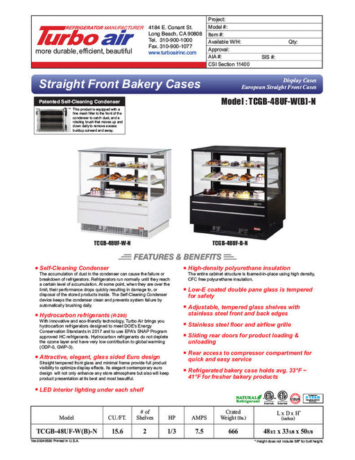 Turbo Air TCGB-48UF-W-N 48-1/2" Refrigerated Straight Glass Full-Service Bakery Display Case, 3 Levels, White Exterior, 115v - Bakery Wholesalers