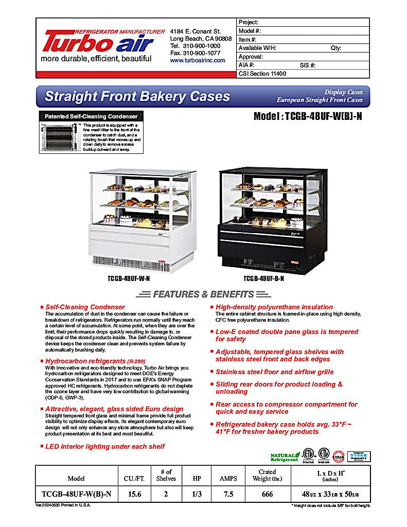 Turbo Air TCGB-48UF-B-N 48-1/2" Refrigerated Straight Glass Full-Service Bakery Display Case, 3 Levels, Black Exterior, 115v - Donut-Equipment.com