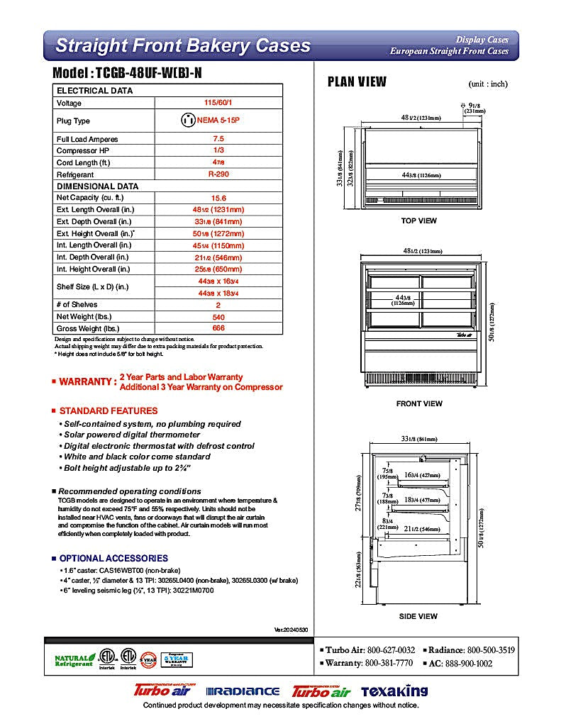Turbo Air TCGB-48UF-B-N 48-1/2" Refrigerated Straight Glass Full-Service Bakery Display Case, 3 Levels, Black Exterior, 115v - Donut-Equipment.com