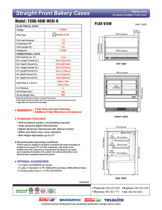 Turbo Air TCGB-48UF-B-N 48-1/2" Refrigerated Straight Glass Full-Service Bakery Display Case, 3 Levels, Black Exterior, 115v - Bakery Wholesalers