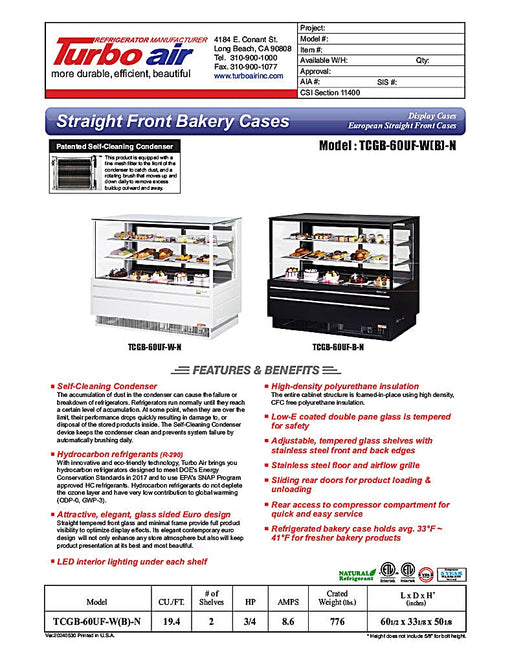 Turbo Air TCGB-60UF-B-N 60-1/2" Refrigerated Straight Glass Full-Service Bakery Display Case, 3 Levels, Black Exterior, 115v - Donut-Equipment.com