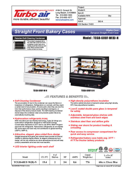 Turbo Air TCGB-60UF-B-N 60-1/2" Refrigerated Straight Glass Full-Service Bakery Display Case, 3 Levels, Black Exterior, 115v - Bakery Wholesalers