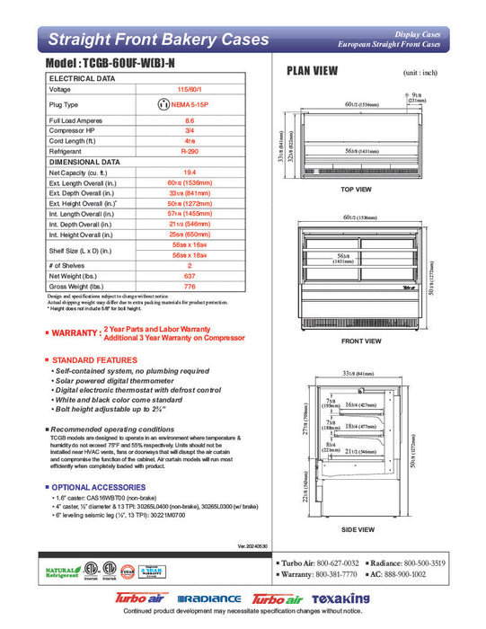 Turbo Air TCGB-60UF-W-N 60-1/2" Refrigerated Straight Glass Full-Service Bakery Display Case, 3 Levels, White Exterior, 115v - Bakery Wholesalers