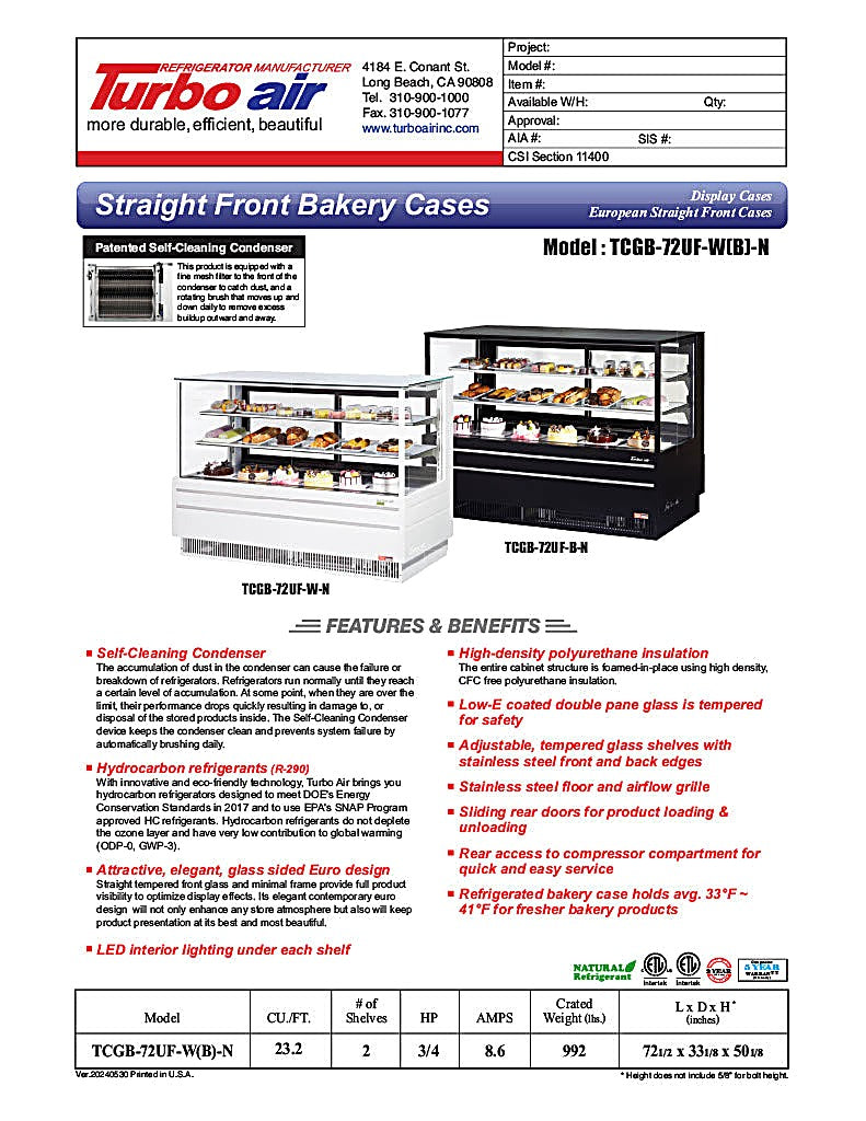 Turbo Air TCGB-72UF-B-N 72-1/2" Refrigerated Straight Glass Full-Service Bakery Display Case, 3 Levels, Black Exterior, 115v - Donut-Equipment.com
