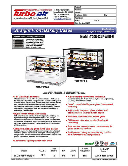 Turbo Air TCGB-72UF-B-N 72-1/2" Refrigerated Straight Glass Full-Service Bakery Display Case, 3 Levels, Black Exterior, 115v - Donut-Equipment.com