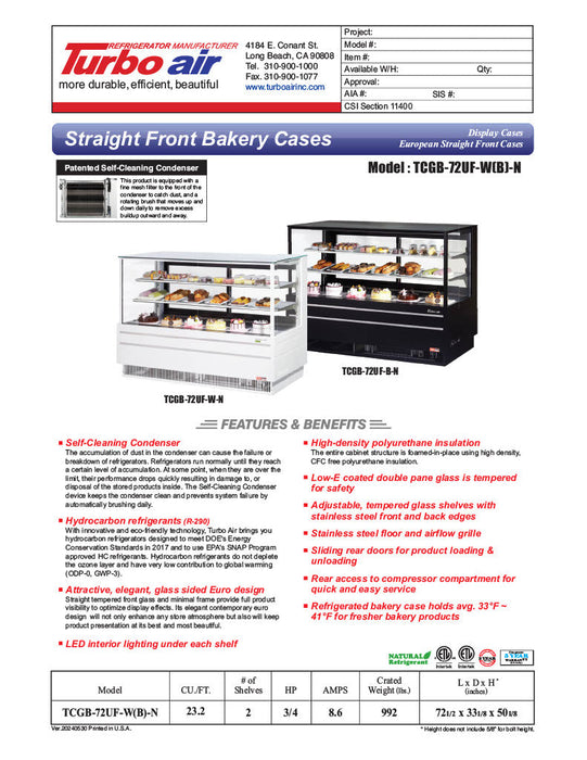 Turbo Air TCGB-72UF-W-N 72-1/2" Refrigerated Straight Glass Full-Service Bakery Display Case, 3 Levels, White Exterior, 115v - Bakery Wholesalers