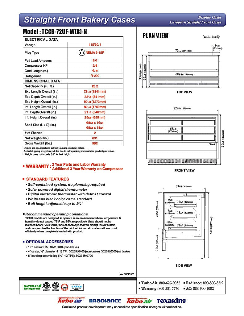 Turbo Air TCGB-72UF-B-N 72-1/2" Refrigerated Straight Glass Full-Service Bakery Display Case, 3 Levels, Black Exterior, 115v - Donut-Equipment.com