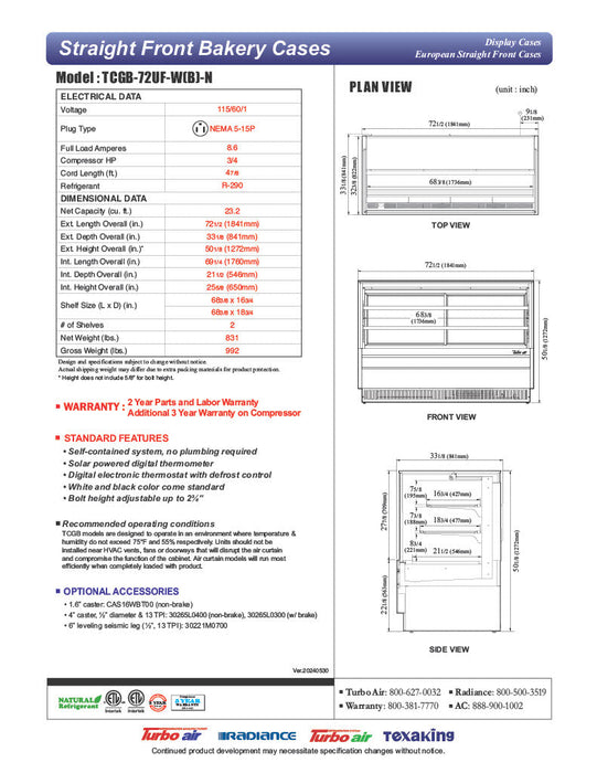 Turbo Air TCGB-72UF-W-N 72-1/2" Refrigerated Straight Glass Full-Service Bakery Display Case, 3 Levels, White Exterior, 115v - Bakery Wholesalers