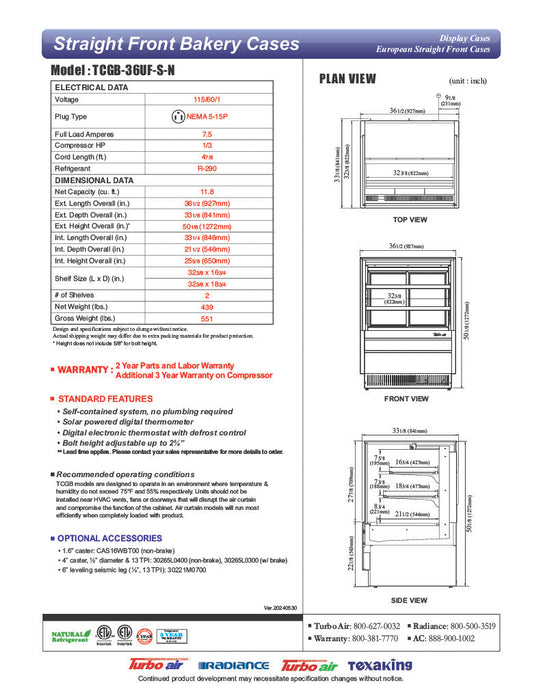 Turbo Air TCGB-36UF-S-N 36-1/2" Refrigerated Straight Glass Full-Service Bakery Display Case, 3 Levels, Stainless Steel Exterior, 115v - Bakery Wholesalers