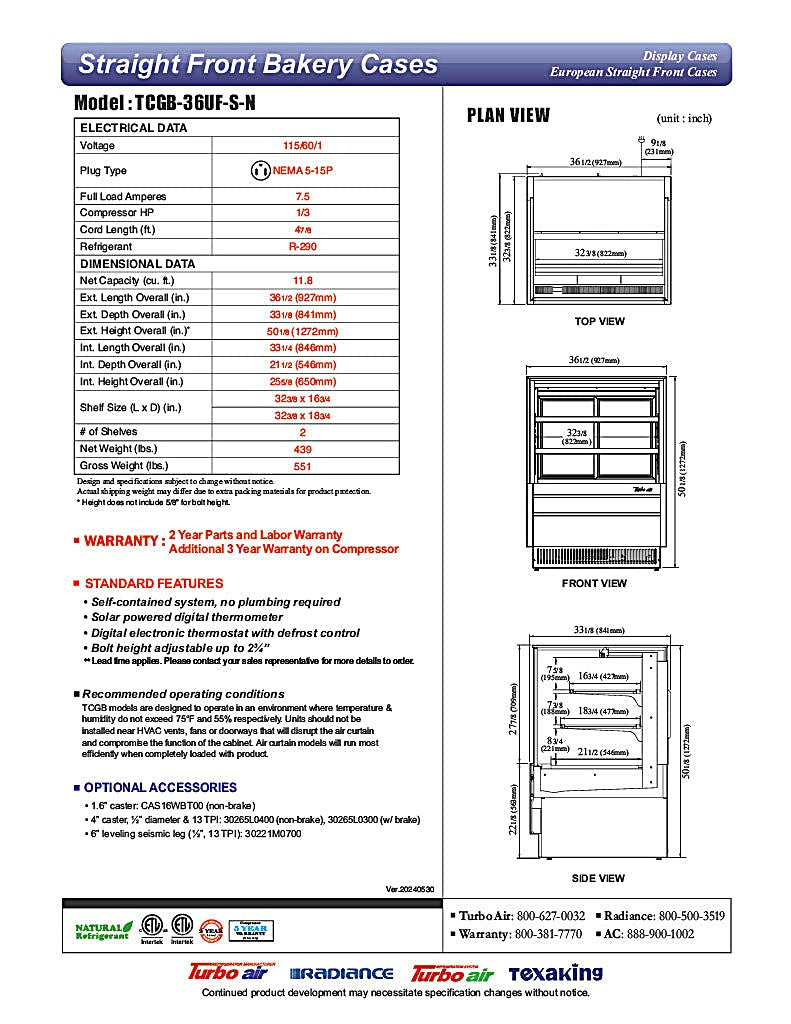 Turbo Air TCGB-36UF-S-N 36-1/2" Refrigerated Straight Glass Full-Service Bakery Display Case, 3 Levels, Stainless Steel Exterior, 115v - Donut-Equipment.com