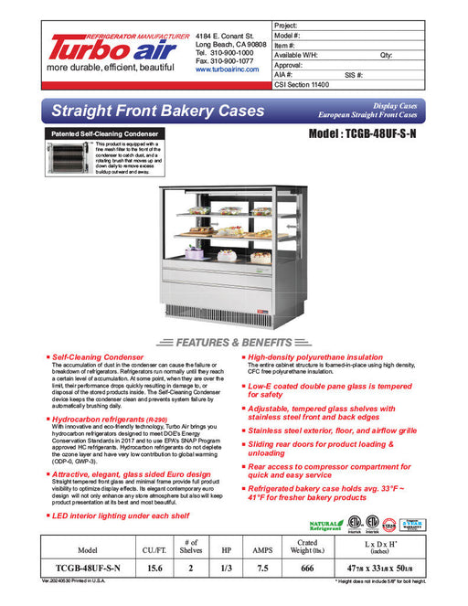 Turbo Air TCGB-48UF-S-N 47-7/8" Refrigerated Straight Glass Full-Service Bakery Display Case, 3 Levels, Stainless Steel Exterior, 115v - Bakery Wholesalers