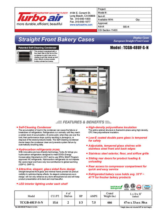 Turbo Air TCGB-48UF-S-N 47-7/8" Refrigerated Straight Glass Full-Service Bakery Display Case, 3 Levels, Stainless Steel Exterior, 115v - Bakery Wholesalers