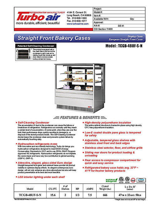 Turbo Air TCGB-48UF-S-N 47-7/8" Refrigerated Straight Glass Full-Service Bakery Display Case, 3 Levels, Stainless Steel Exterior, 115v - Donut-Equipment.com