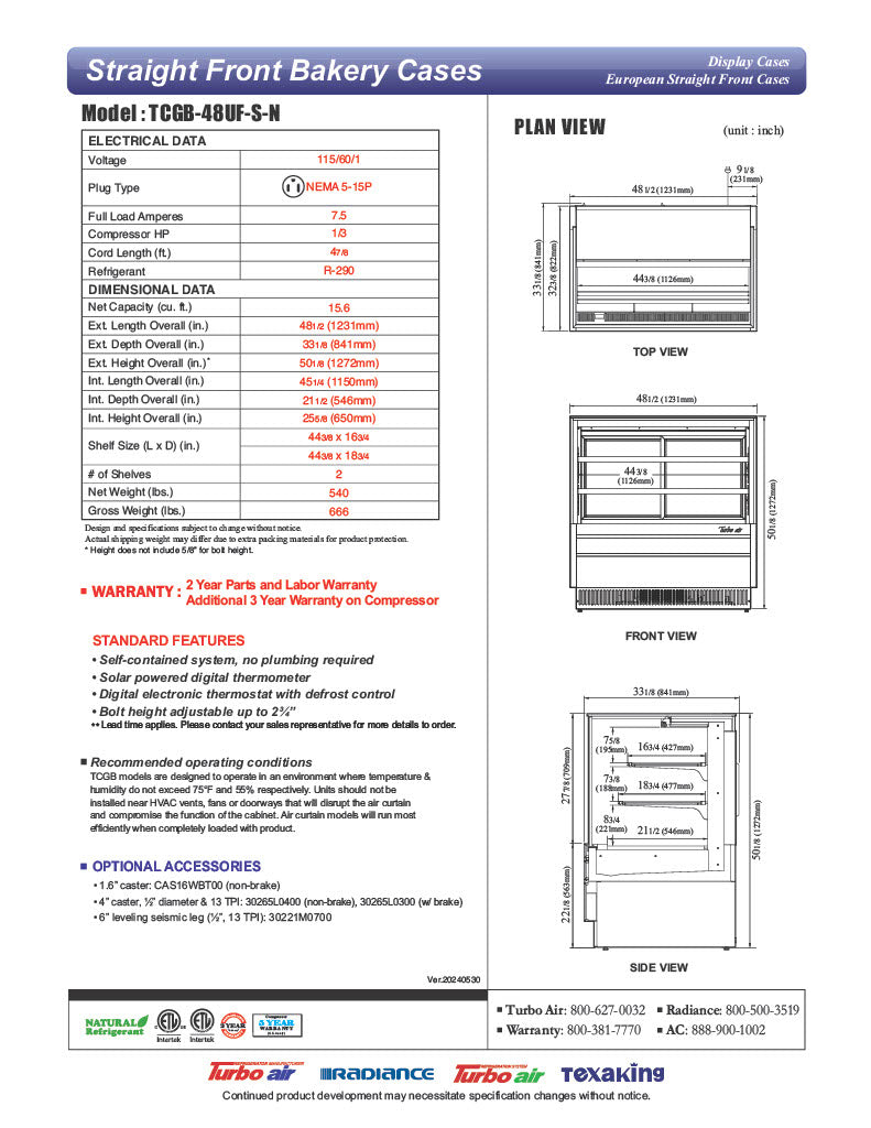Turbo Air TCGB-48UF-S-N 47-7/8" Refrigerated Straight Glass Full-Service Bakery Display Case, 3 Levels, Stainless Steel Exterior, 115v - Donut-Equipment.com