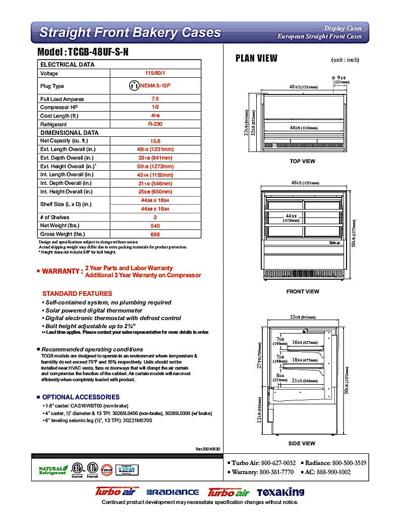 Turbo Air TCGB-48UF-S-N 47-7/8" Refrigerated Straight Glass Full-Service Bakery Display Case, 3 Levels, Stainless Steel Exterior, 115v - Donut-Equipment.com