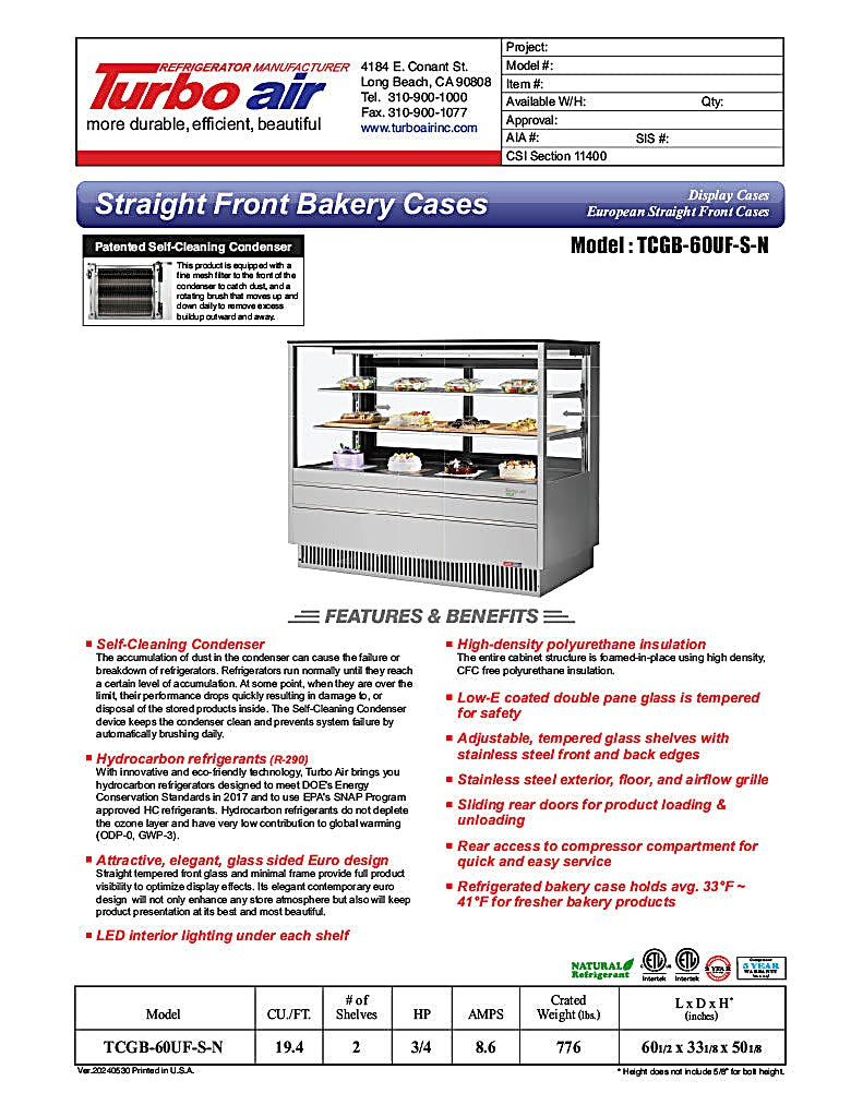 Turbo Air TCGB-60UF-S-N 60-1/2" Refrigerated Straight Glass Full-Service Bakery Display Case, 3 Levels, Stainless Steel Exterior, 115v - Donut-Equipment.com
