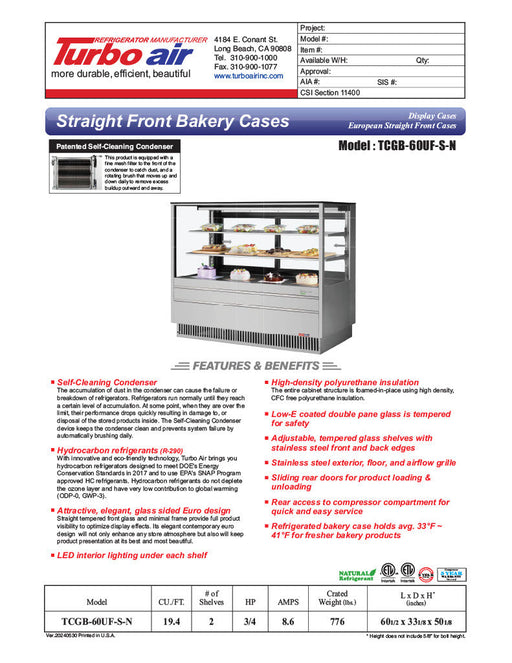 Turbo Air TCGB-60UF-S-N 60-1/2" Refrigerated Straight Glass Full-Service Bakery Display Case, 3 Levels, Stainless Steel Exterior, 115v - Bakery Wholesalers