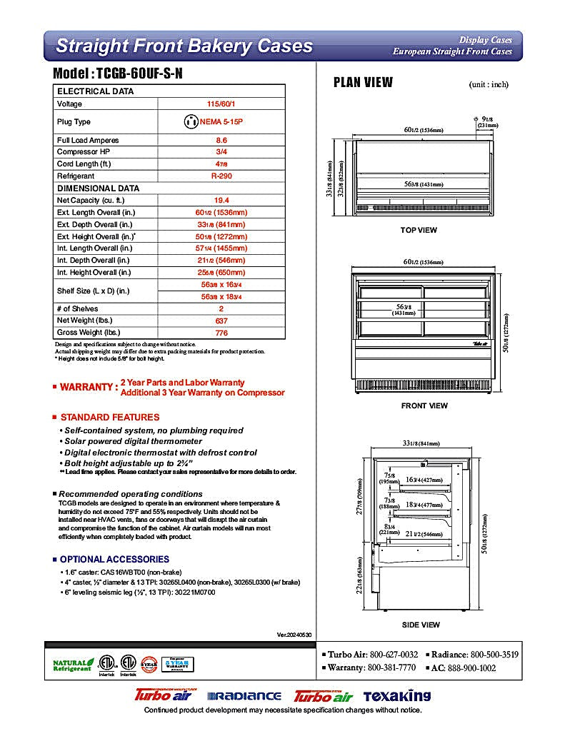Turbo Air TCGB-60UF-S-N 60-1/2" Refrigerated Straight Glass Full-Service Bakery Display Case, 3 Levels, Stainless Steel Exterior, 115v - Donut-Equipment.com