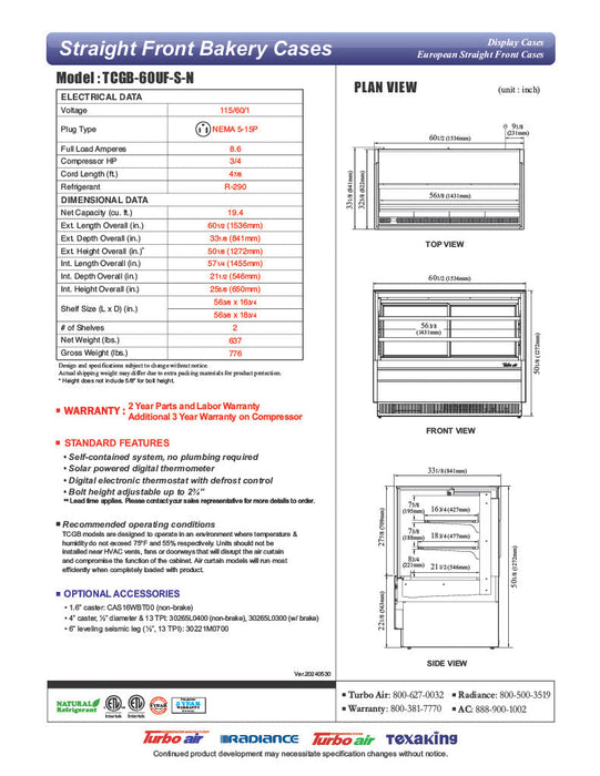 Turbo Air TCGB-60UF-S-N 60-1/2" Refrigerated Straight Glass Full-Service Bakery Display Case, 3 Levels, Stainless Steel Exterior, 115v - Bakery Wholesalers