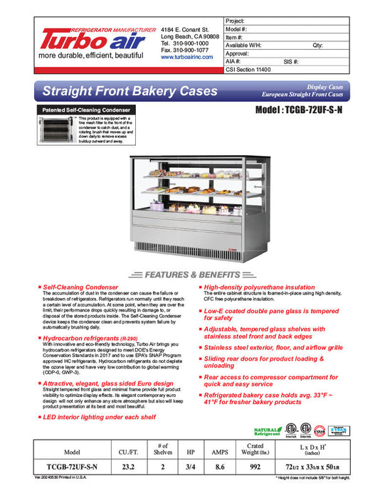 Turbo Air TCGB-72UF-S-N 72-1/2" Refrigerated Straight Glass Full-Service Bakery Display Case, 3 Levels, Stainless Steel Exterior, 115v - Bakery Wholesalers