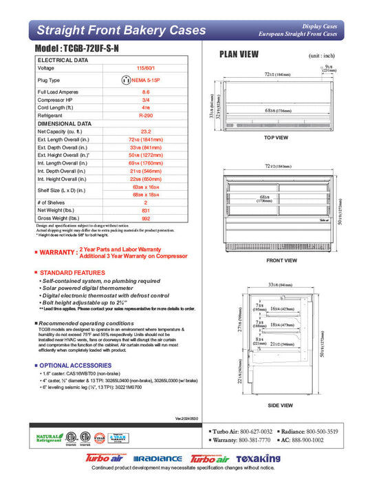 Turbo Air TCGB-72UF-S-N 72-1/2" Refrigerated Straight Glass Full-Service Bakery Display Case, 3 Levels, Stainless Steel Exterior, 115v - Bakery Wholesalers