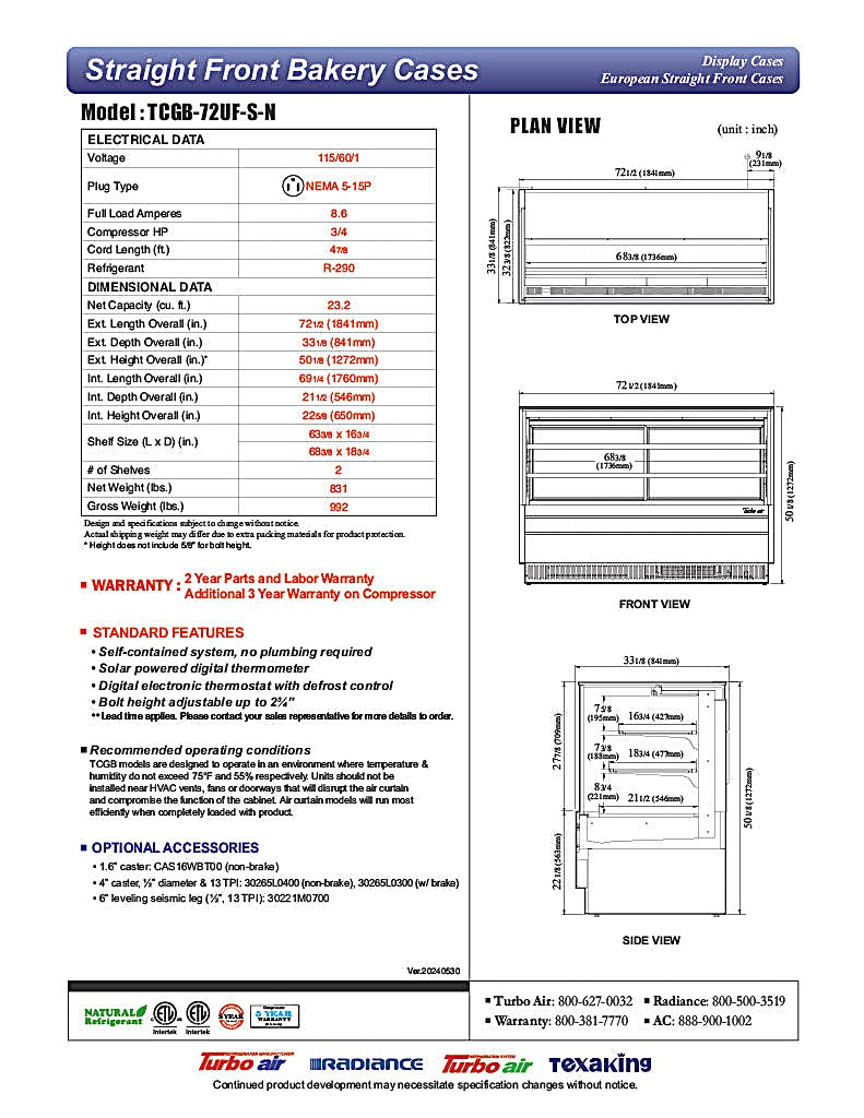 Turbo Air TCGB-72UF-S-N 72-1/2" Refrigerated Straight Glass Full-Service Bakery Display Case, 3 Levels, Stainless Steel Exterior, 115v - Donut-Equipment.com