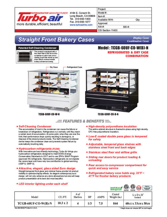 Turbo Air TCGB-60UF-CO-B-N 60-1/2" Straight Glass Full-Service Dual Zone Dry/Refrigerated Bakery Display Case, 3 Levels, Black Exterior, 115v - Bakery Wholesalers