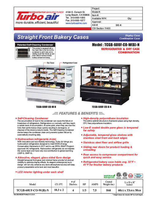 Turbo Air TCGB-60UF-CO-W-N 60-1/2" Straight Glass Full-Service Dual Zone Dry/Refrigerated Bakery Display Case, 3 Levels, White Exterior, 115v - Bakery Wholesalers