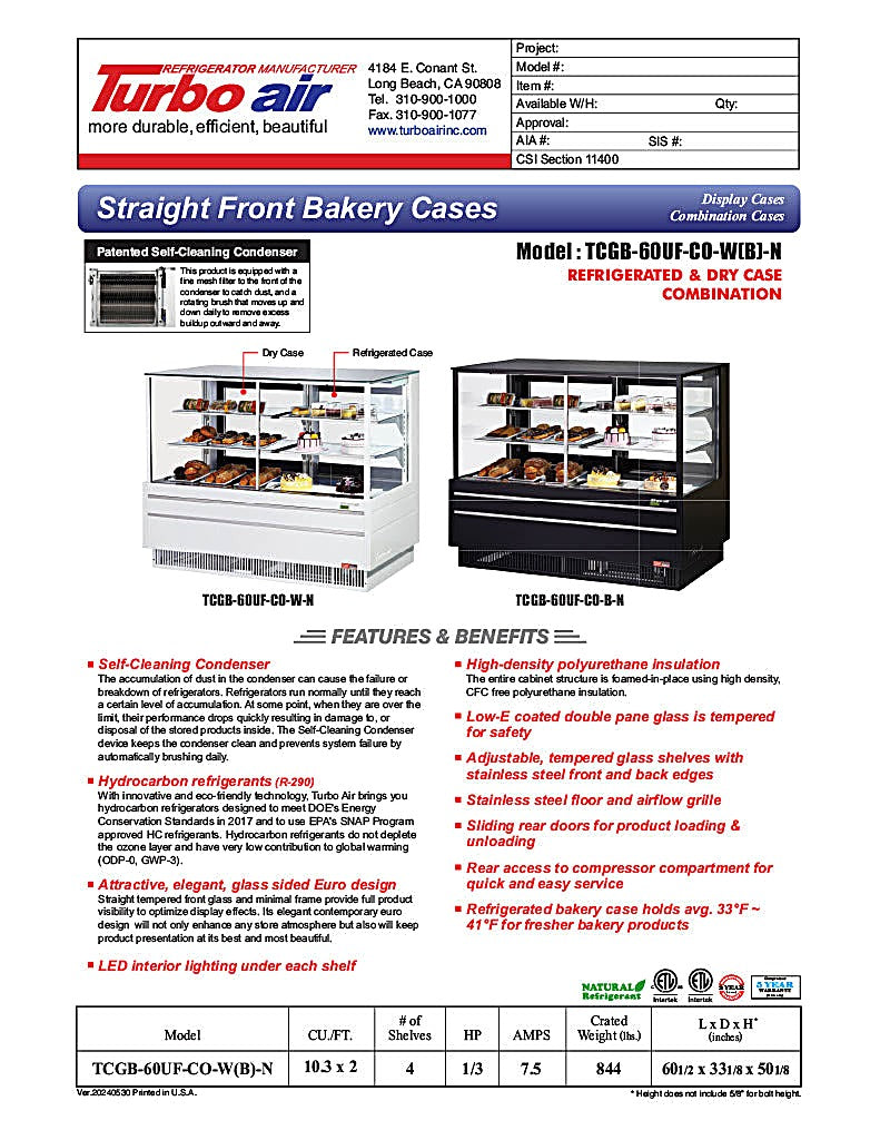 Turbo Air TCGB-60UF-CO-B-N 60-1/2" Straight Glass Full-Service Dual Zone Dry/Refrigerated Bakery Display Case, 3 Levels, Black Exterior, 115v - Donut-Equipment.com