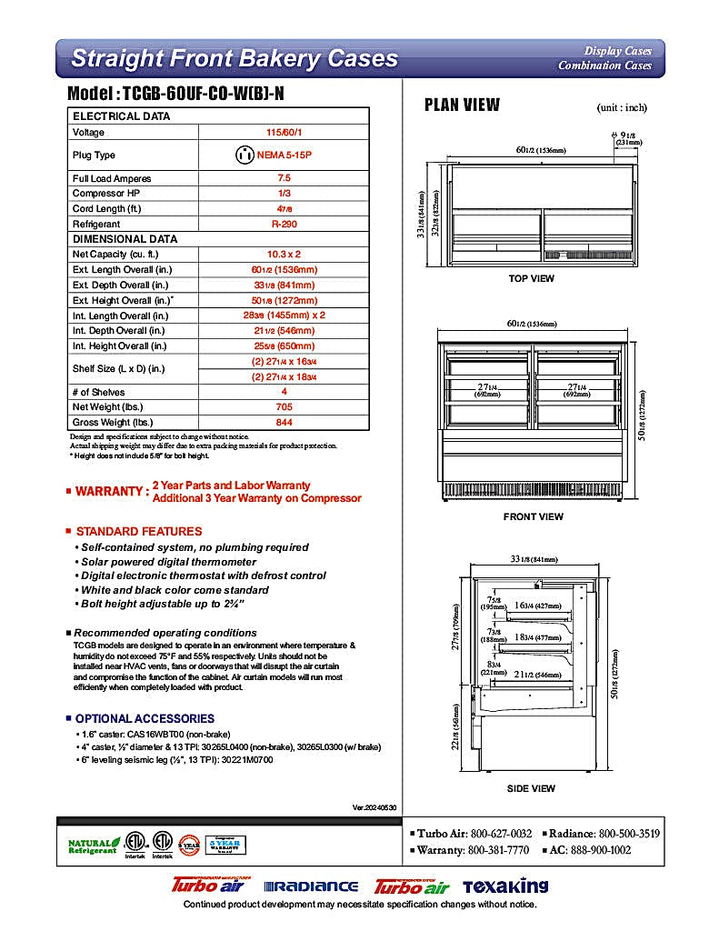 Turbo Air TCGB-60UF-CO-B-N 60-1/2" Straight Glass Full-Service Dual Zone Dry/Refrigerated Bakery Display Case, 3 Levels, Black Exterior, 115v - Donut-Equipment.com
