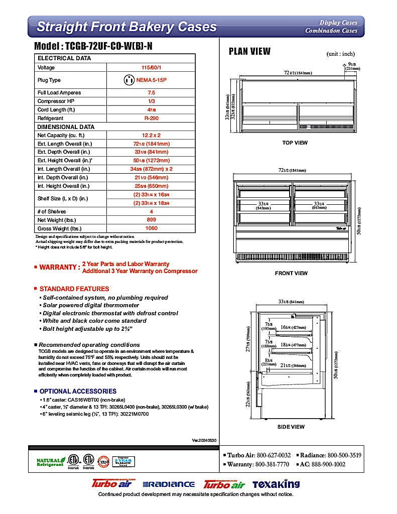 Turbo Air TCGB-72UF-CO-B-N 72-1/2" Straight Glass Full-Service Dual Zone Dry/Refrigerated Deli Display Case, 3 Levels, Black Exterior, 115v - Donut-Equipment.com