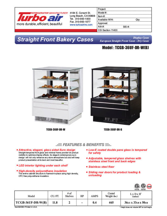 Turbo Air TCGB-36UF-DR-B 36" Straight Glass Full-Service Dry Bakery Display Case, 3 Levels, Black Exterior, 115v - Bakery Wholesalers