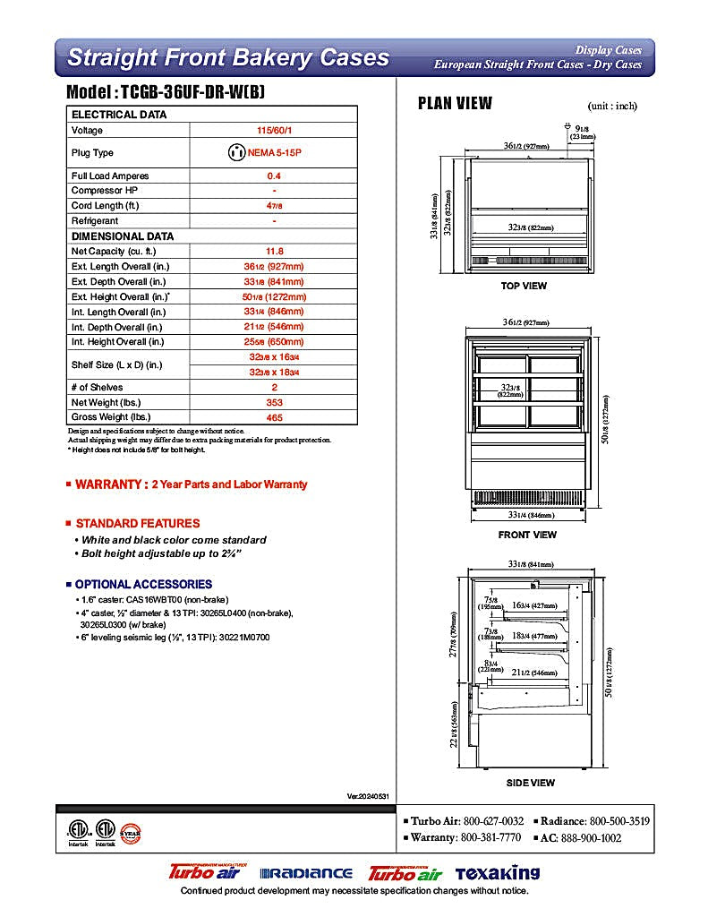 Turbo Air TCGB-36UF-DR-B 36" Straight Glass Full-Service Dry Bakery Display Case, 3 Levels, Black Exterior, 115v - Donut-Equipment.com