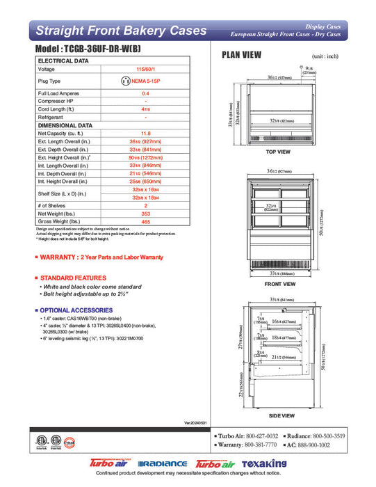 Turbo Air TCGB-36UF-DR-W 36" Straight Glass Full-Service Dry Bakery Display Case, 3 Levels, White Exterior, 115v - Bakery Wholesalers