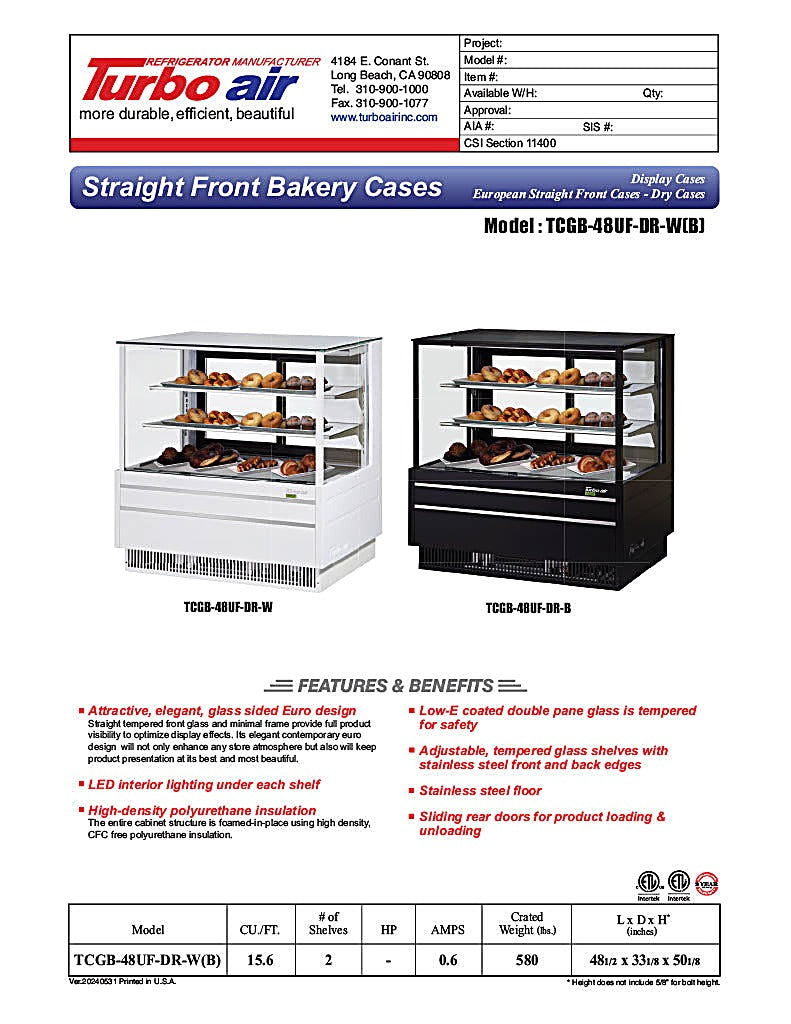 Turbo Air TCGB-48UF-DR-B 48" Straight Glass Full-Service Dry Bakery Display Case, 3 Levels, Black Exterior, 115v - Donut-Equipment.com