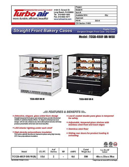 Turbo Air TCGB-48UF-DR-B 48" Straight Glass Full-Service Dry Bakery Display Case, 3 Levels, Black Exterior, 115v - Donut-Equipment.com
