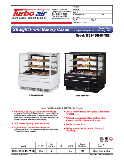Turbo Air TCGB-48UF-DR-B 48" Straight Glass Full-Service Dry Bakery Display Case, 3 Levels, Black Exterior, 115v - Bakery Wholesalers
