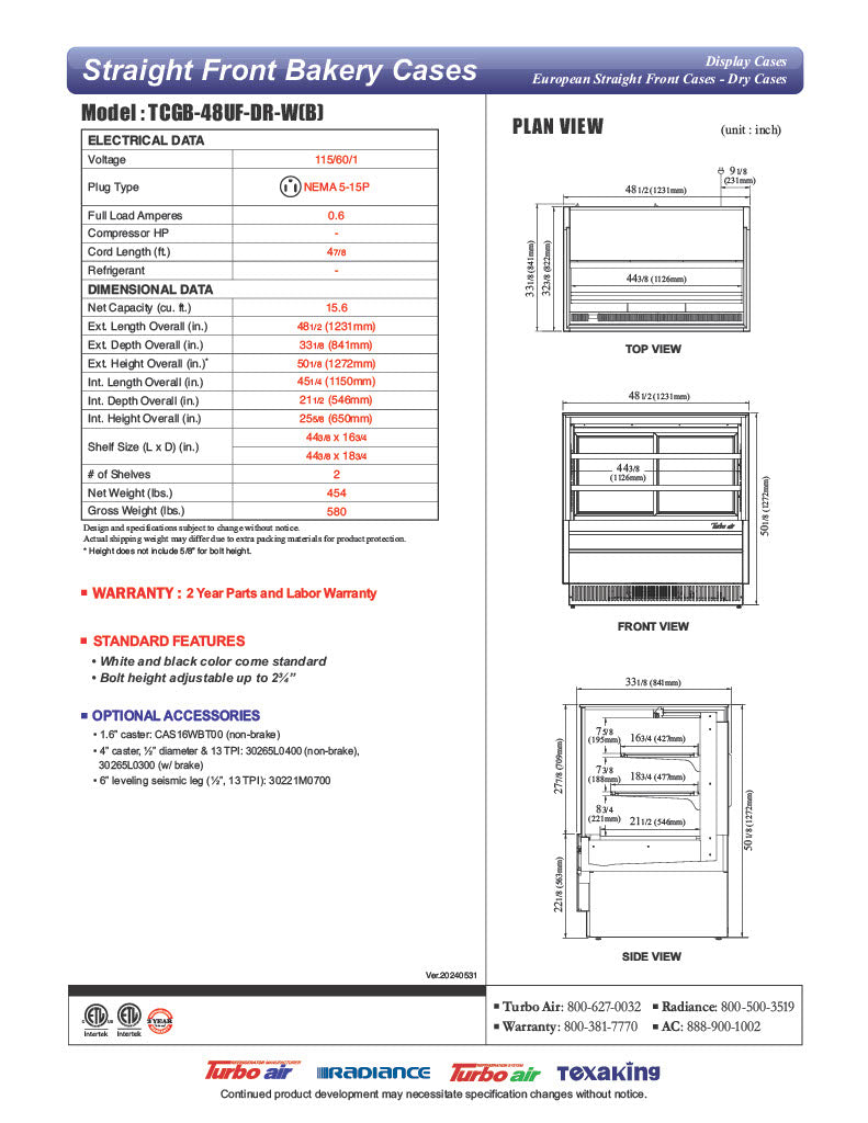 Turbo Air TCGB-48UF-DR-B 48" Straight Glass Full-Service Dry Bakery Display Case, 3 Levels, Black Exterior, 115v - Donut-Equipment.com